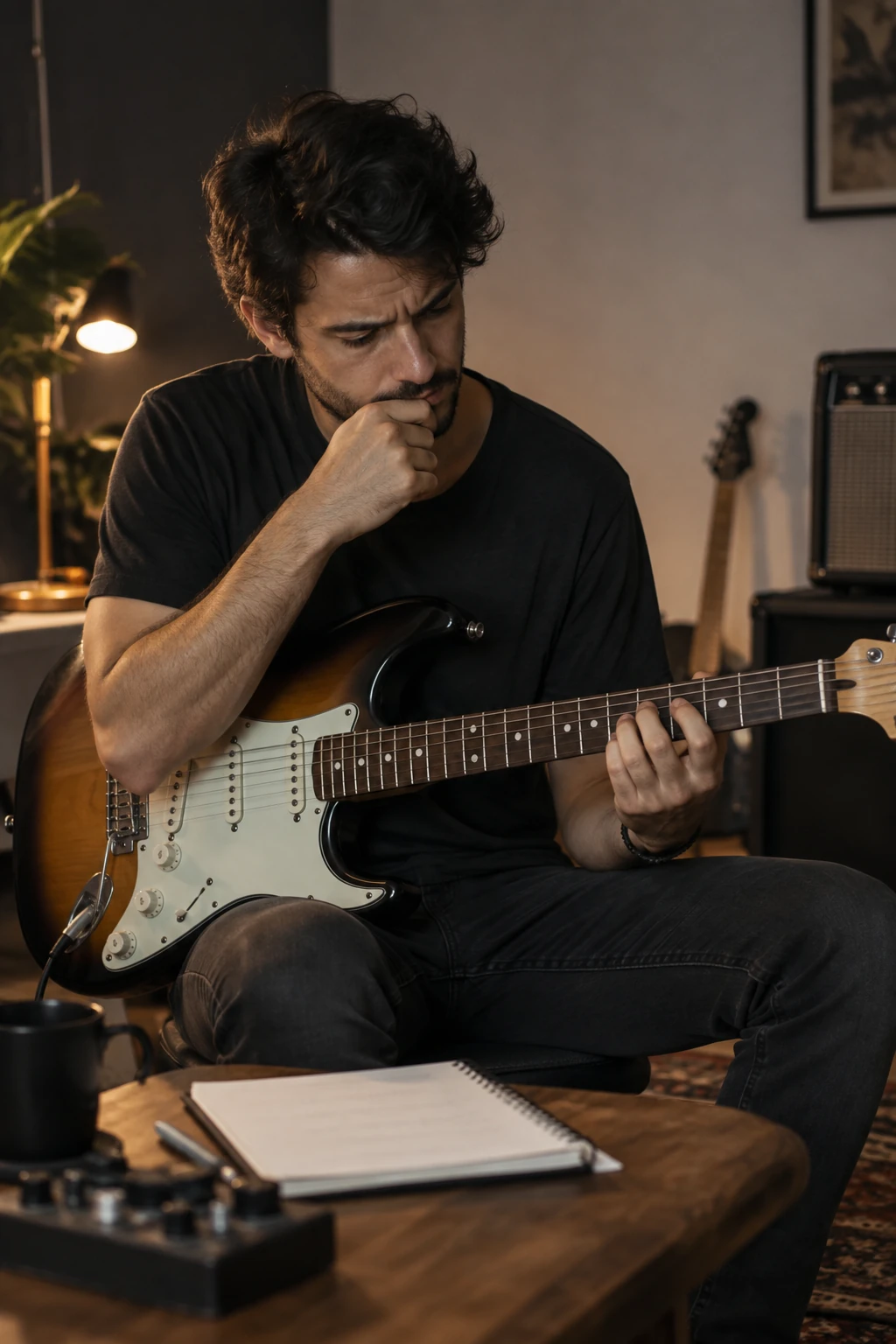 Guitarrista refletindo sobre como transformar escalas em ideias musicais