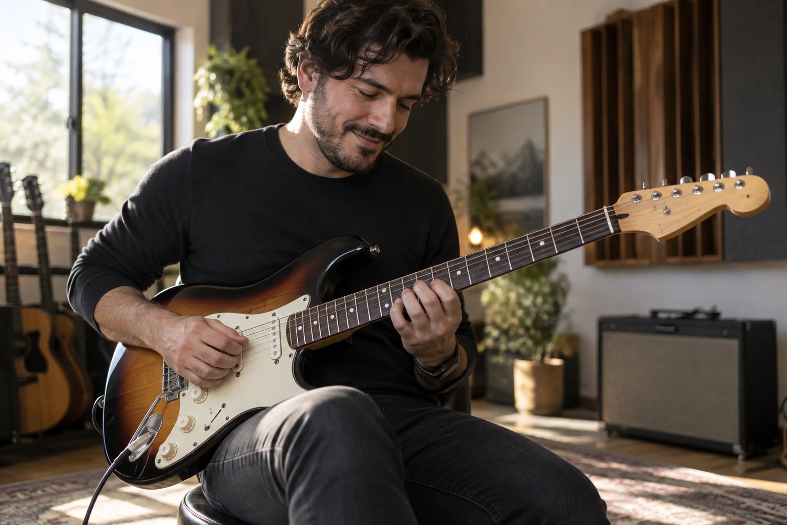 Guitarrista aplicando escalas e arpejos com fluidez musical
